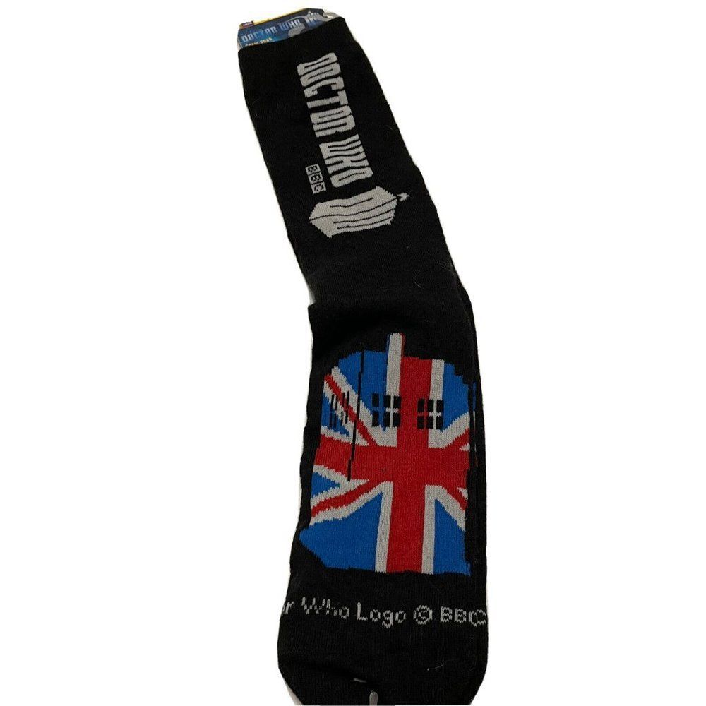 NWT DOCTOR WHO Tardis TIMELORD Crew Socks UNISEX BLACK Size 9-13 union Jack Flag